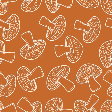 Kusursuz desenli mantar el çizimi turuncu arka planda izole edildi. Vektör illüstrasyonu