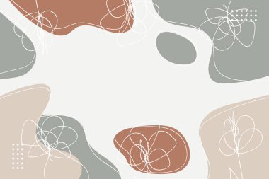 Botanik çiçek çizgisi, organik kahverengi ve yeşil taş şekilleri barındıran, modern tasarım projeleri için mükemmel soyut bir afiş..