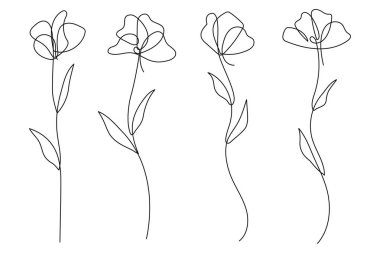 Tek çizgi sanat çiçekleri botanik koleksiyonu. El çizimi vektör illüstrasyonu