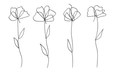 Tek çizgi sanat çiçekleri botanik koleksiyonu. El çizimi vektör illüstrasyonu
