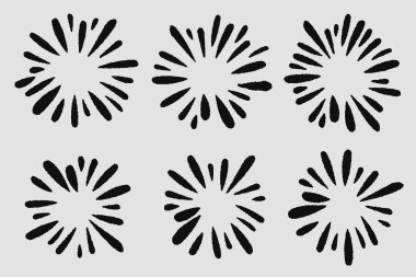 Siyah çizgi sanat tarzında siluet havai fişek çizimleri koleksiyonu. Bu klasik-esinlenmiş set neşeli ve dinamik patlamalar içerir, şenlikli ve dekoratif tasarımlar için mükemmeldir..