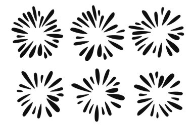 Siyah çizgi sanat tarzında siluet havai fişek çizimleri koleksiyonu. Bu klasik-esinlenmiş set neşeli ve dinamik patlamalar içerir, şenlikli ve dekoratif tasarımlar için mükemmeldir..