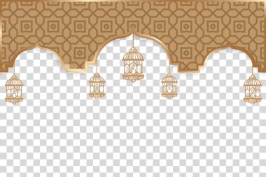 Ramazan şablonu İslami altın mozaik desenli ve altın fenerli. Vektör illüstrasyonu