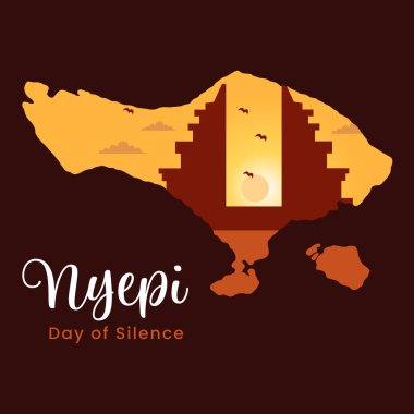 Nyepi 'yi kutlayan sıcak ve sembolik bir vektör çizimi, Bali Sessizlik Günü. Geleneksel bir tapınak kapısı ve huzurlu bir gün batımıyla Bali adasının silueti yansımanın, barışın ve ruhaniliğin özünü yakalar.