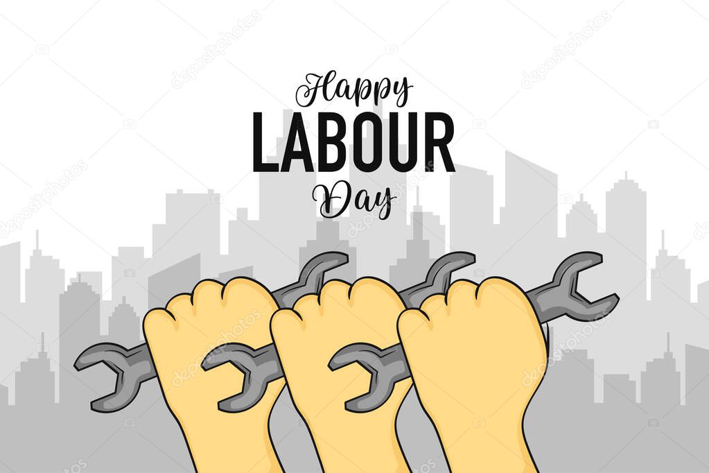 Labour Day Poster with Hands Holding Wrench.Vector illustration.