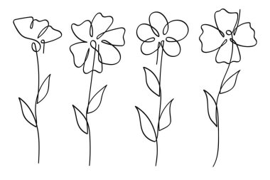 Tek satır sanat vektörü çiçek illüstrasyon koleksiyonu. Sürekli bir çizgi. Çiçek koleksiyonu. Vektör illüstrasyonu.