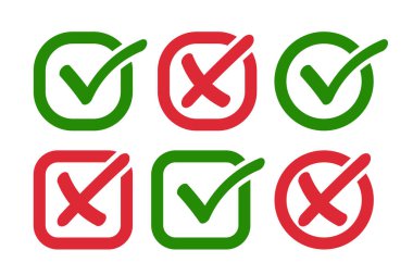 İşaretleme simgeleri mavi, yeşil, siyah ve kırmızı izole edilmiş beyaz arka planda doğru ve yanlış seçimler. İşaretleme işareti doğru ve yanlış işaret işareti. Onaylanmış sembol. Vektör illüstrasyonu