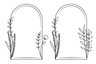 Çeşitli bitki tasarımları, davetiyeler, düğün tasarımları veya doğadan esinlenilmiş dijital projeler içeren el yapımı siyah çiçek çerçeveleri koleksiyonu..