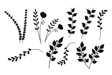 Siluet Çiçek El Düğün Davetiyeleri Koleksiyonu. Vektör illüstrasyonu