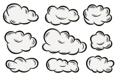 Çizgi film Doodle El Çizimi Bulutları Koleksiyonu. Vektör Resimleri