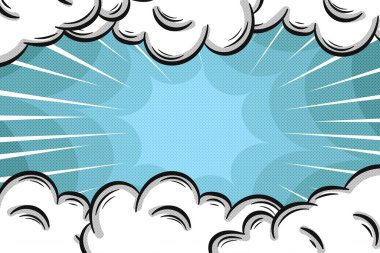 Bulutlu ve Yıldız patlaması Vektör Resimleriyle Çizgi Roman Biçimi Mavi Arkaplan