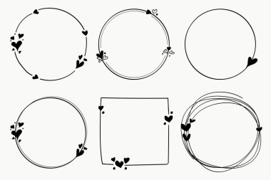 El yapımı Doodle Hearts Circle ve Dikdörtgen Çerçeve Koleksiyonu. Sevgililer Günü geçmişi.
