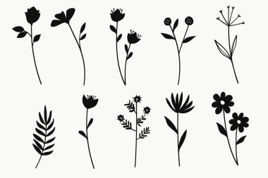 Siluet Çiçekler ve Yapraklar Koleksiyonu. Vektör illüstrasyonu