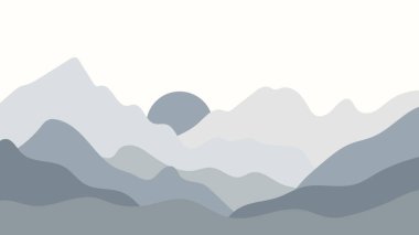 Yumuşak gri tonlarda hafif bir gündoğumu olan bir dağ manzarasının sakin bir çizimi. Doğa, macera ve minimalist tasarımlar için ideal.