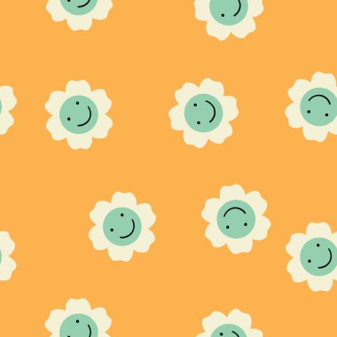 Gülen yüzlü, neşeli turuncu arka planda sevimli çizgi film tarzı çiçeklerin yer aldığı kusursuz bir yineleme deseni. Çocuk ürünleri, yaz temalı tasarımlar, duvar kağıtları veya tekstil için mükemmel..