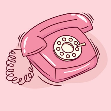 Retro arama telefonu pembe renkte. Klasik telefon hatları çizimi. Eski elektronik aygıt.