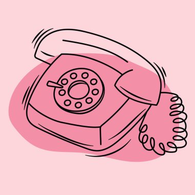 Pembe el çiziminde, geri arama telefonu. Eski elektronik cihaz. Vektör illüstrasyonu