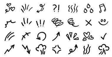 Çizgi hareketi etkisi öğesi, çizgi film duygu etkisi süsleme simgesi. El çizimi şirin karalama çizgisi elementi oku, vurgu, şok, parıltı. Vektör illüstrasyonu