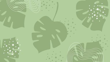 Soyut dekoratif unsurlara sahip el yapımı canavar yaprakları içeren yeşil bir arka plan. Doğa temalı afişler, çevre dostu ürün ambalajları veya tropikal grafik tasarım projeleri için mükemmel.