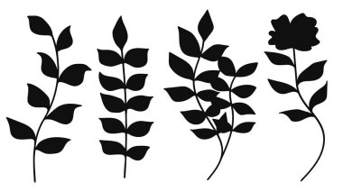Botanik siluet elementleri vektör illüstrasyonunu ayarlar. Dekor, web sitesi, grafik ve dekoratif için el çizimi.