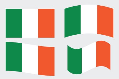 İrlanda bayrağının değişik açılarda hem düz hem de dalgalı şekilleri gösteren farklı dizaynları..