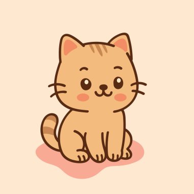 Kawaii tarzında kızıl kedi, yumuşak turuncu kürklü çizgili desenli, büyük yuvarlak gözlü, gülen yüzlü, ve neşeli, sevimli bir ifade..