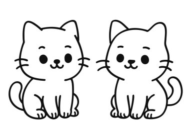 Siyah-beyaz çizgili iki sevimli kawaii tarzı kedi yavrusunun sevimli gülümsemeleri ve yuvarlak gözleriyle yan yana oturuşu..