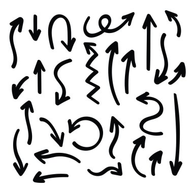 Çeşitli yön ve stillerde el yapımı karalama okları koleksiyonu.