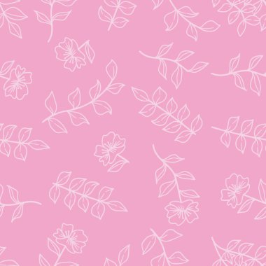 Kusursuz desenli çiçekler ve pembe arka planda el çizimleri. Vektör illüstrasyonu..