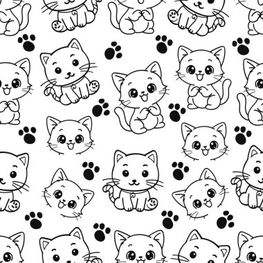 Kawaii çizgi film kedileri ve pençeleri, kumaşlar, duvar kağıtları ve çocuk tasarımları için mükemmel çizgiler..