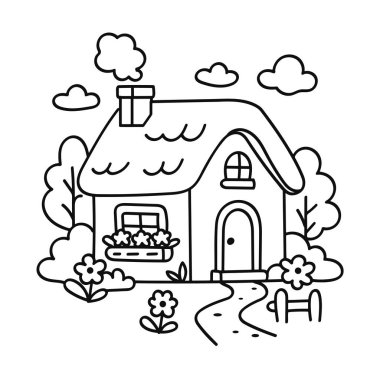 Çiçekler ve ağaçlarla çevrili ahşap bir kulübenin el çizimi sanat tasviri, boyama kitapları ve basılabilir aktiviteler için mükemmel..