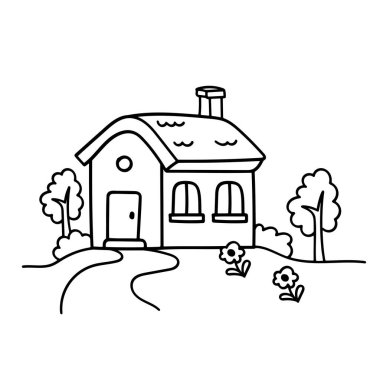 Bahçedeki elementlerle dolu, boyama kitapları ve basılabilir aktiviteler için ideal ahşap bir kulübenin elle çizilmiş bir çizimi..