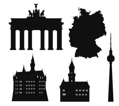 Brandenburg Kapısı, Berlin TV Kulesi, ünlü Alman kaleleri ve ülke haritası da dahil olmak üzere ikonik simgeler ve semboller içeren Almanya siluet vektör koleksiyonu.