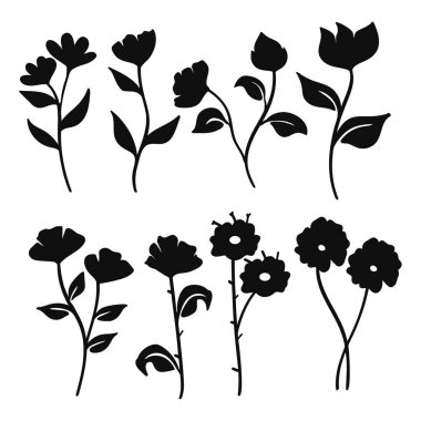 Botanik Siluet Çiçekleri Vintage Koleksiyonu. Vektör illüstrasyonu