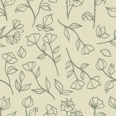 Çiçek, yaprak ve açık yeşil arkaplanda yeşil çizgiler halinde el yapımı botanik çizgileri içeren kusursuz desenler..