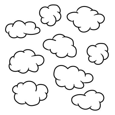 Bulutlar karalama el çizimi koleksiyonu. Vektör illüstrasyonu