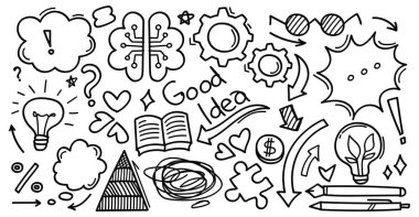 Düşünceler, bilgi ve iş hakkında el çizimi. Vektör illüstrasyon.