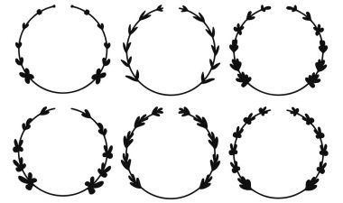 El çizimi siyah çiçekli çelenk ve defne dalı dairesi koleksiyonu. Vektör illüstrasyonu.
