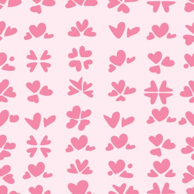 Daha açık pembe bir arka planda çeşitli biçimlendirilmiş pembe kalp şekilleri içeren kusursuz desenler..