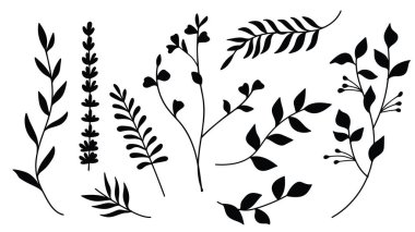 Siluet Çiçek Düğün Davetiyesi Koleksiyonu. Vektör illüstrasyonu