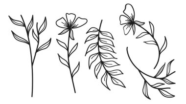 El çizimi botanik yapraklar ve çiçek çizgisi sanat koleksiyonu