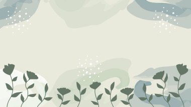 Pastel suluboya arka plan, yeşil siluet çiçekli ve bitki çizgili. Vektör illüstrasyonu