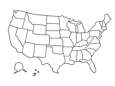 Birleşik Devletler, beyaz arka planda izole edilmiş bölümlerin haritasını çıkarır. Vektör illüstrasyonu