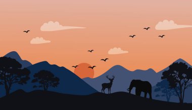 Düz Tasarım Günbatımı Afrika Vahşi Yaşam Arazisi Siluetli Hayvanlar ve Ağaçlar arka planına sahip. Vektör İllüstrasyonu.