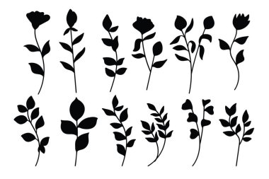 Çiçek ve yapraklı çeşitli el yapımı çiçek siluetleri içeren çok yönlü bir vektör çizimi.
