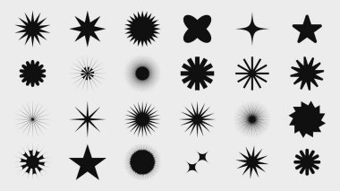 Çeşitli soyut siyah yıldız patlaması, güneş patlaması, yıldız ve geometrik elementleri içeren çok yönlü bir vektör çizimi.