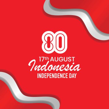 80. Endonezya Bağımsızlık Günü Posteri, Dalgalı Kırmızı ve Beyaz Elementler. Vektör illüstrasyonu.