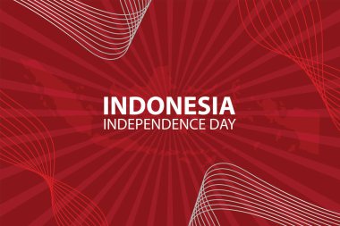 Endonezya Bağımsızlık Günü 'nde yıldız patlaması etkisi, soyut dalgalı çizgiler ve Endonezya' nın ince bir haritası yer alıyor. Vektör illüstrasyonu.