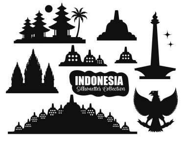 Endonezya Simgesi Siluetleri Koleksiyonu. Vektör illüstrasyonu.