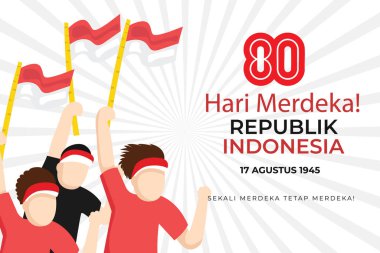 Endonezya Bağımsızlık Günü kutlamaları, parlak bir güneş patlaması arka planı, öne çıkan Endonezya bayrakları ve festival elementleri. Vektör illüstrasyonu